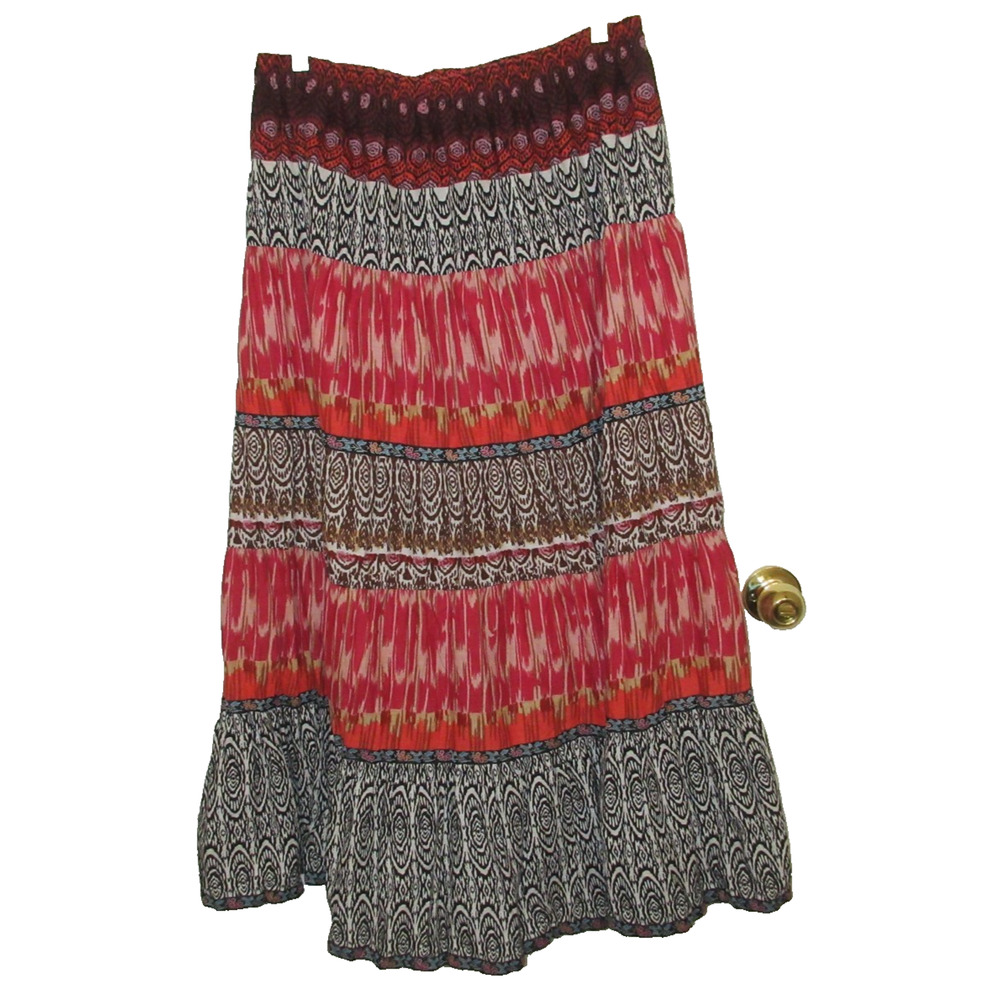Element Z Maxi Skirt Women Orange/Black Print Elastic Waist Boho Hippie W/Medium